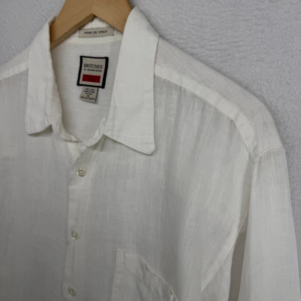 BRITCHES of GEORGETOWNE Shirt Men XL 100 Linen Woven Button Up Long Sleeve White